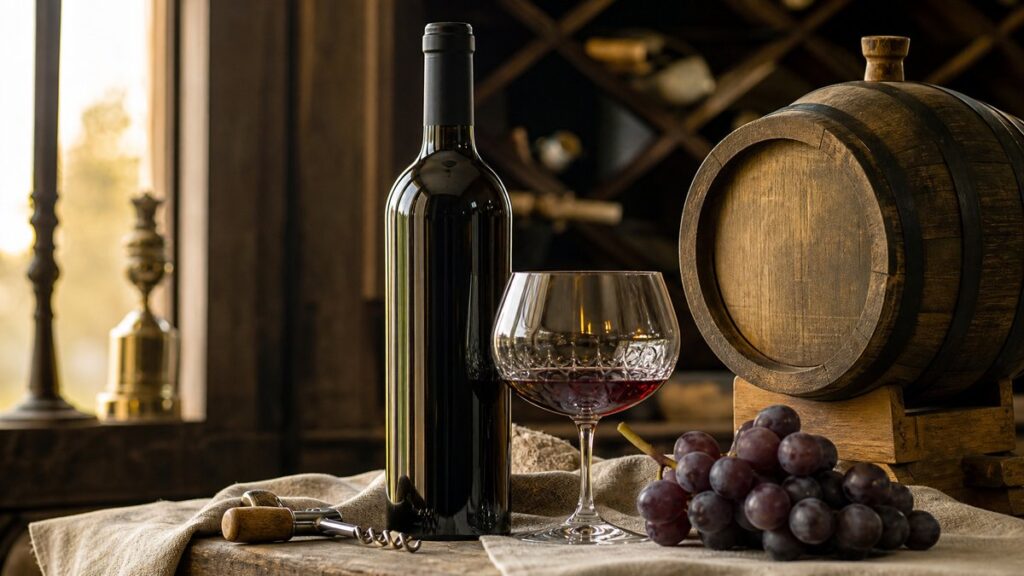 A premium red wine bottle stands beside a shallow crystal glass on a linen-covered tasting table, lit by soft window light that catches amber and gold highlights. Around it rest a corkscrew, a cluster of grapes, and a small oak barrel, creating an elegant still life that feels calm, refined, and carefully composed.