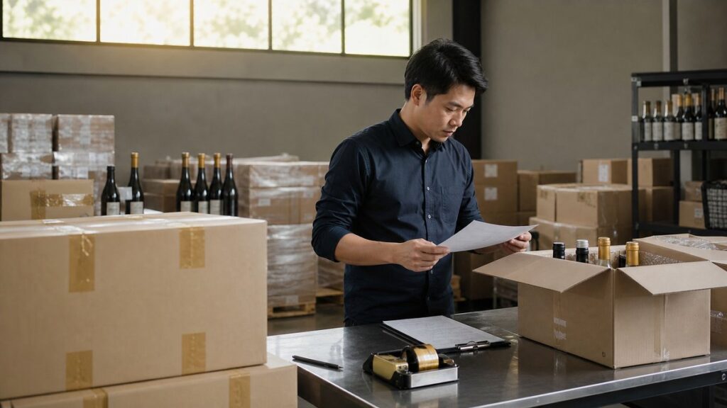 Wide workplace scene inside a beverage warehouse office, with stacked wine cartons, a packing list, and a single open box of mixed bottles on a stainless table. Morning light from high windows gives the space a calm, organized feel, while subtle gold tones in tape and bottle neck foils add refinement.
