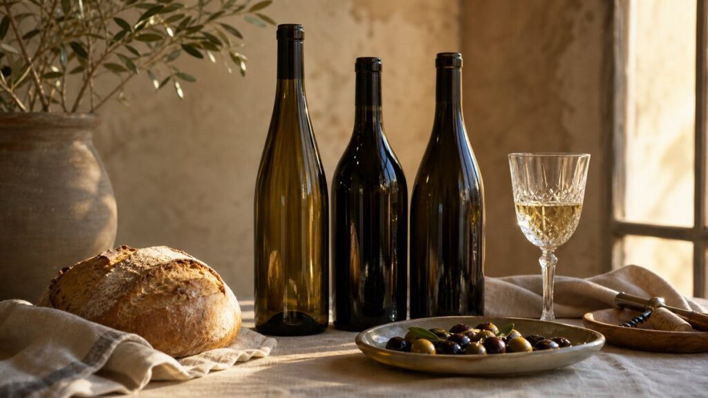 A refined still life on a linen-covered tasting table: three unlabelled wine bottles stand beside a cut crystal glass, a rustic bread loaf, and a simple ceramic plate of olives. Warm window light and subtle gold tones in the reflections suggest elegance, meal pairing, and value in one calm editorial scene.
