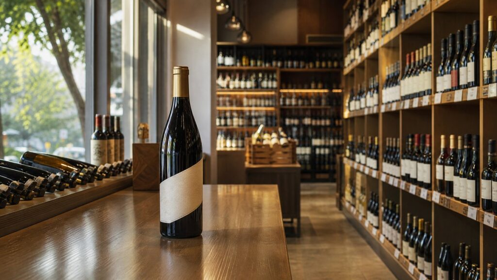 A wide environment shot inside a tidy wine shop aisle with rows of bottles on shelves and a single bottle placed on a tasting counter in the foreground. Gentle amber light and subtle golden reflections create an inviting, professional atmosphere, emphasizing informed choice, product variety, and the feeling of practical value.