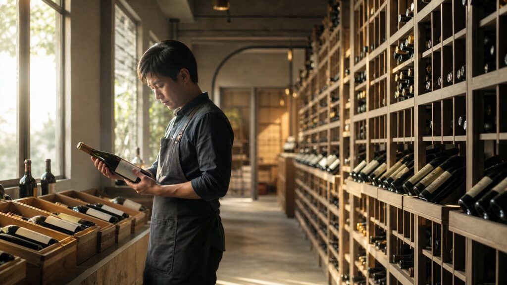 A wide cellar aisle with neatly stacked bottles on wooden racks, a few open sample boxes on a counter, and soft daylight filtering through a side window. The scene feels practical and approachable, with muted earth tones and gentle gold reflections guiding attention through an organized retail environment suited for careful selection.