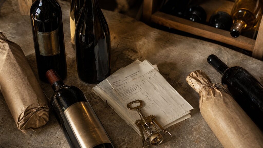 An overhead still life of several wine bottles, shipping invoices, a corkscrew, and wrapped bottle sleeves arranged on a cellar table. Warm side lighting reveals glass reflections and dusty textures, with muted gold tones in the labels and reflections, conveying the idea that cost is shaped by many hidden factors.