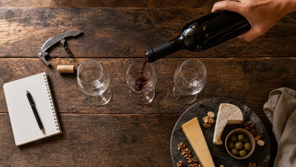 An overhead process scene at a cellar tasting counter: three unlabelled wine glasses are arranged with a corkscrew, a notepad, and a modest cheese plate, while a hand pours from a mid-priced bottle into the center glass. Soft natural light and muted amber highlights create a thoughtful, practical mood.