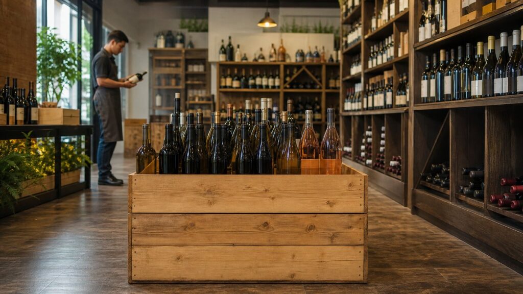 A wide environment shot inside a specialty wine shop aisle, with neatly stacked wooden shelves receding into the background and one centered display crate of assorted unlabelled bottles in the foreground. Gentle daylight filters through the space, creating an organized, confident atmosphere with subtle golden accents and plenty of room for the eye to rest.