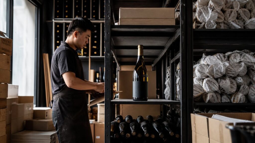 A wide scene inside a boutique wine storage room shows a single trusted bottle centered on metal shelving, surrounded by cases, packing materials, and ambient warehouse depth. Natural side light gives the space a professional, dependable atmosphere, while faint amber-gold reflections in the glass suggest value and confidence.