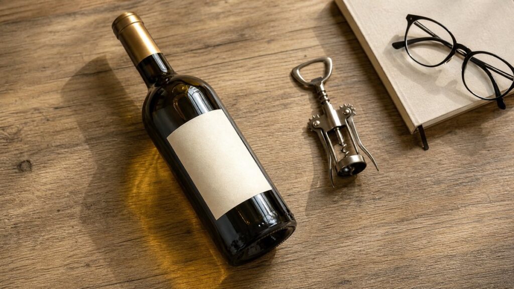 Overhead view of a single wine bottle laid beside a corkscrew, notebook, and reading glasses on a clean wooden table. The label faces up under crisp natural light, with warm #D4B45F reflections on the glass, creating a focused, analytical mood like a buyer checking origin, grape, and vintage.