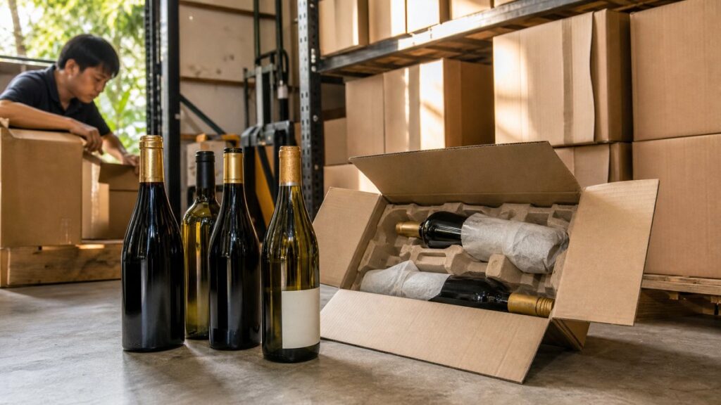 A professional still life of several wine bottles arranged beside shipping cartons and a metal warehouse shelf, with one opened box revealing neatly packed bottles and protective wrapping. Soft daylight washes across glass and corks, while warm gold tones echo in reflections, suggesting direct-import efficiency and quiet commercial credibility.