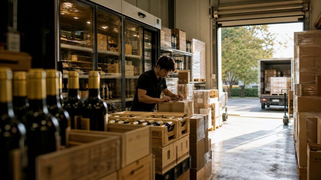 A wide interior view of a small import warehouse with neatly stacked wine crates, temperature-controlled shelving, and one worker checking a case seal near an open delivery door. Natural daylight spills across the floor, creating a trustworthy, orderly mood with restrained amber and gold accents in the packaging.