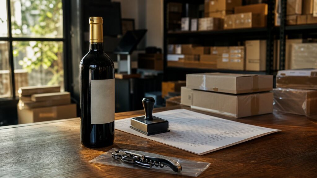 A single wine bottle rests on a clean wooden counter beside a passport stamp, shipping manifest, and sealed corkscrew, all arranged as a quiet still life. Soft window light catches the glass, with warm gold reflections echoing duty-free tones. The mood feels precise, credible, and investigative.