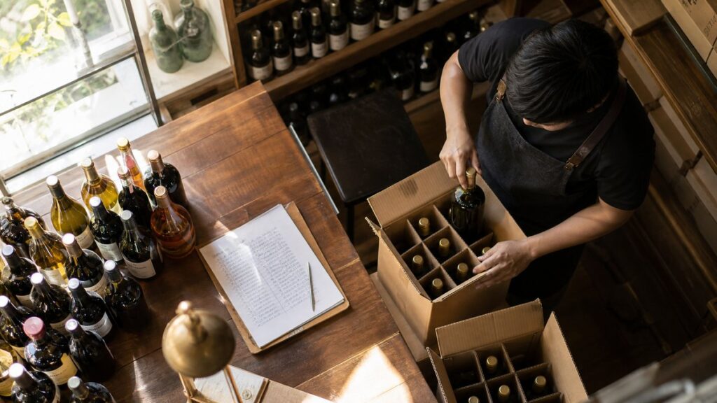 Overhead view of a small wine shop counter with neatly arranged bottles, a handwritten delivery log, and a clerk checking new stock boxes. Natural daylight falls across the surface, creating a calm, trustworthy mood, while subtle golden reflections from glass and cardboard edges echo #D4AF37 and #D4B45F.