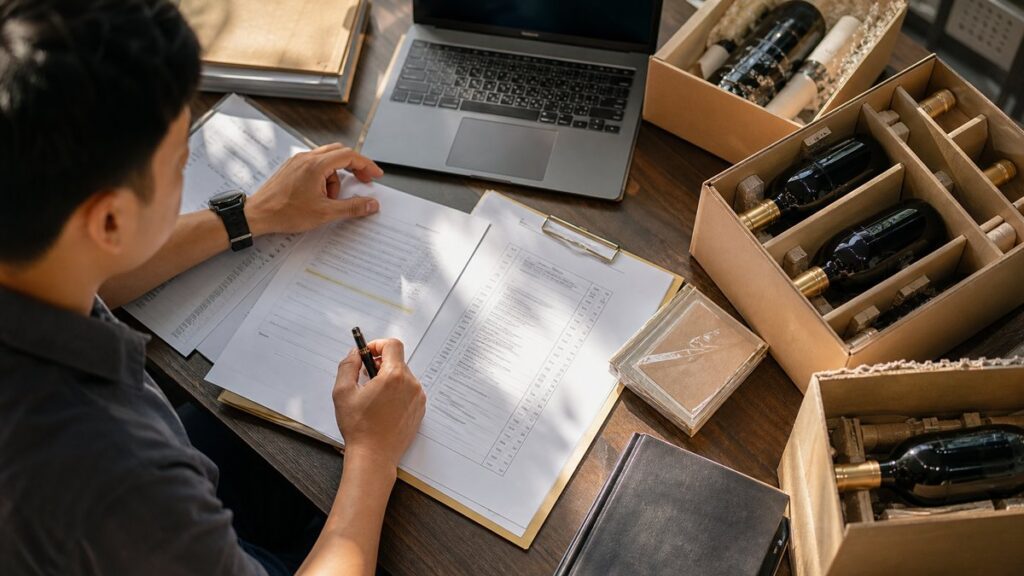 An overhead view of a small import office desk shows neatly spread invoices, supplier contacts, a laptop, and boxed wine samples arranged in an orderly process layout. Daylight washes across the surface, creating crisp shadows and a calm, methodical mood. Subtle gold highlights appear in paper edges and bottle necks.