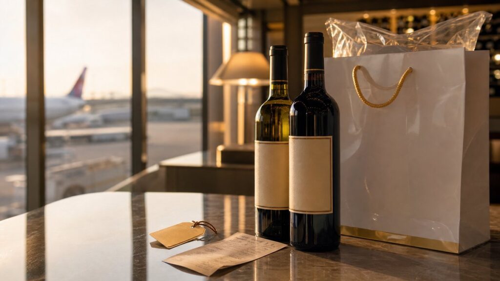 A neatly arranged still life of two wine bottles beside a sealed airport shopping bag, a price tag, and a cargo receipt on a polished counter. Soft golden window light washes the glass and cork, while muted airport tones and subtle #D4AF37 highlights suggest premium sourcing and careful storage.