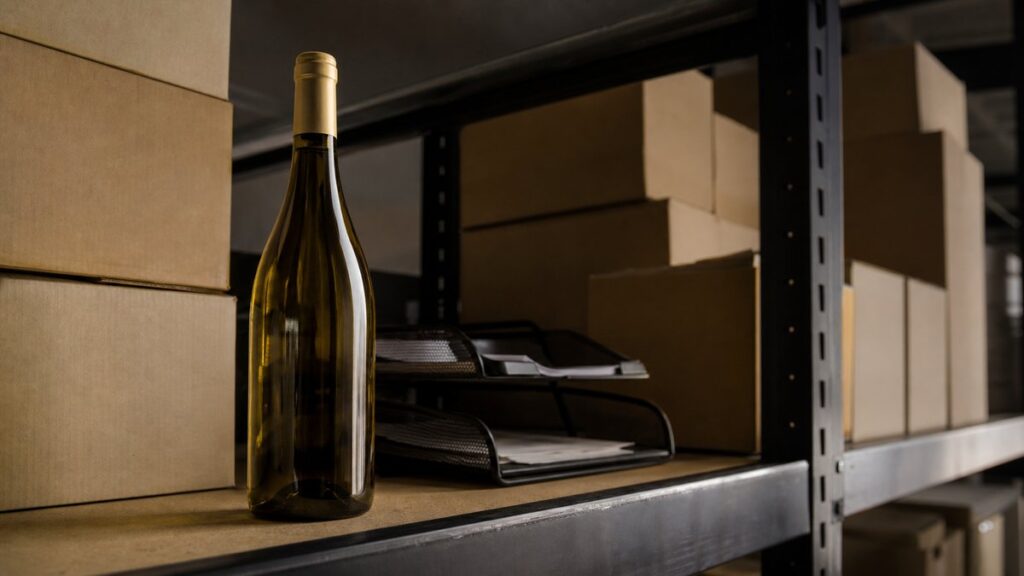 A close workplace observation of a warehouse shelf with a single selected wine bottle in the foreground, surrounded by orderly cartons and a receipt tray behind it. Soft side lighting creates clean shadows and a reliable, professional mood, with muted gold accents in the label-free glass and pale packaging tones.