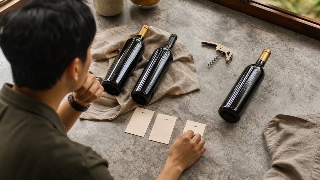 Overhead still life of three wine bottles arranged with simple tasting notes, corkscrew, and a plain cloth on a stone kitchen counter. One bottle is set slightly apart as the chosen gift, while natural daylight and muted gold tones suggest that suitability matters more than price.