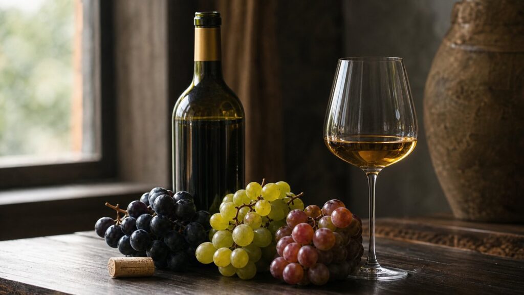 A single opened wine bottle beside three different grape clusters and a tasting glass on a dark wooden counter, lit by soft window light. The scene feels curated yet natural, with subtle golden highlights in the liquid and cork, suggesting the predictable variety of old-world regions without any staged luxury.