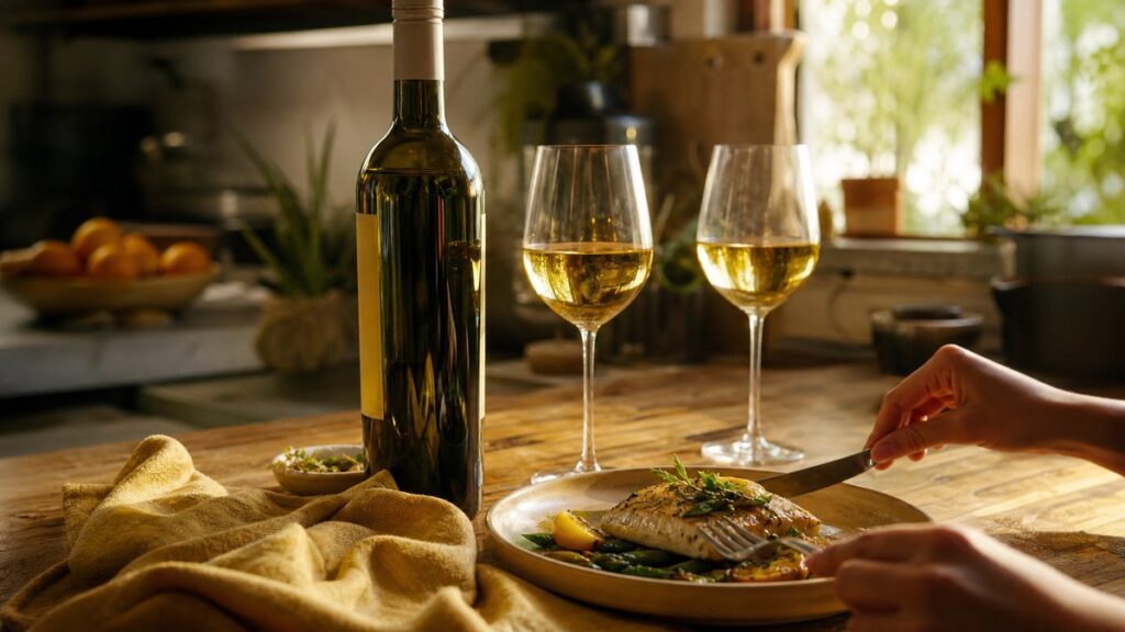 A single bottle of imported wine stands beside a simple plated dinner on a wooden kitchen counter, with two filled glasses catching warm window light. The scene feels practical and inviting, using soft #D4AF37 highlights in the amber wine and gentle #D4B45F tones on linen, suggesting easy everyday enjoyment.