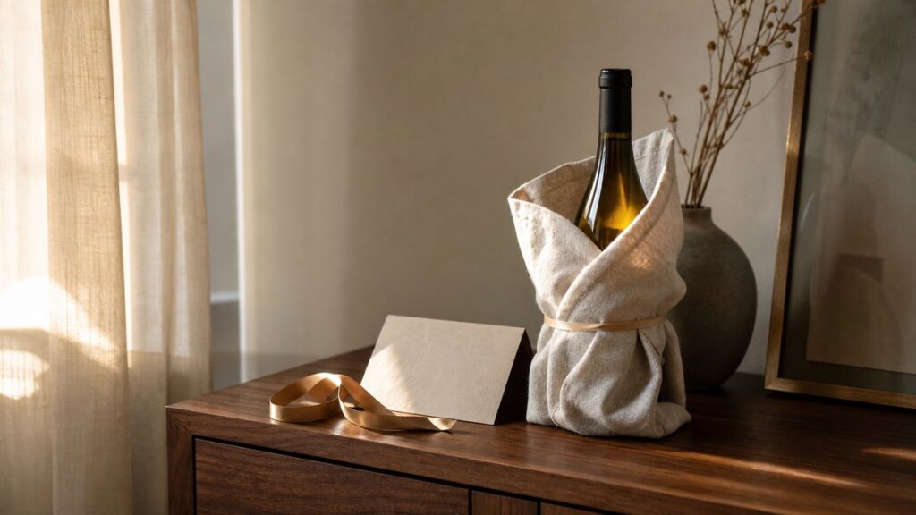 An elegant bottle of wine sits in a soft linen gift wrap beside a handwritten card and a tied ribbon on a walnut sideboard. Warm window light washes the scene, with subtle gold and amber highlights in the glass and wrapping, creating a thoughtful, refined mood.