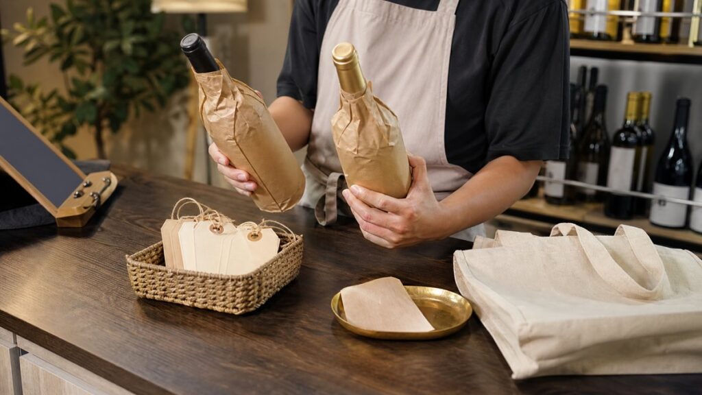 A shop counter scene shows a wine seller’s hands comparing two wrapped bottles beside a small basket of handwritten gift tags, a receipt tray, and a neutral tote. Bright but soft store lighting and clean shadows create a practical, confident workplace mood with subtle golden accents.