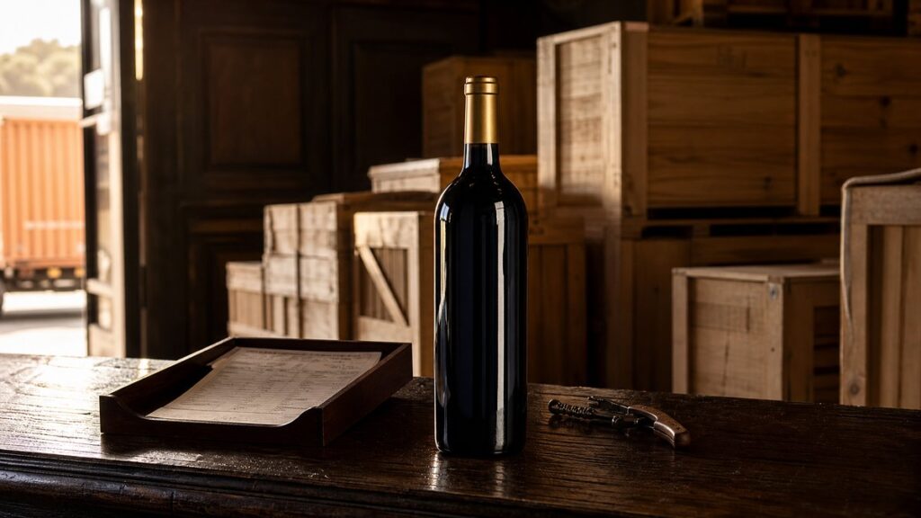A single bottle of wine stands on a dark wooden counter beside a customs-style receipt tray and a corkscrew, with several unbranded shipping crates softly blurred behind it. Warm side lighting catches the glass and faint gold highlights, creating a refined still life that suggests import origin, rarity, and price differences.