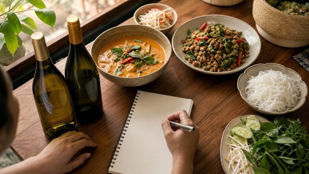 Overhead view of a compact dinner prep table with Thai dishes, a notebook of budget notes, and two unlabelled wine bottles arranged for comparison. Natural daylight from a nearby window reveals vibrant food textures and a subtle golden tint in the glass, conveying practical choice, warmth, and everyday entertaining in Thailand.