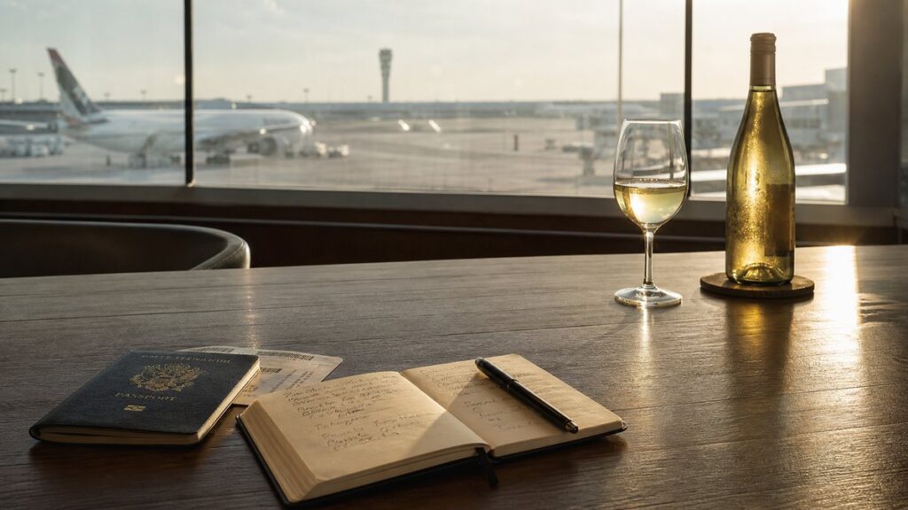 A wide airport lounge table scene shows a passport, boarding pass, tasting notes, and a single chilled white wine bottle waiting in the background near a window. Gentle golden afternoon light washes across the scene, leaving open negative space and a calm, practical mood centered on thoughtful decision-making.