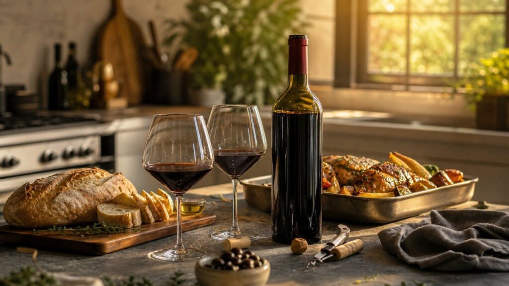 A still-life scene on a kitchen counter shows one red wine bottle, a half-prepared meal, a corkscrew, and tasting glasses arranged naturally near a loaf of bread and roasted food. Soft evening light with gentle #D4AF37 reflections creates a practical, inviting mood focused on pairing value with everyday dining.