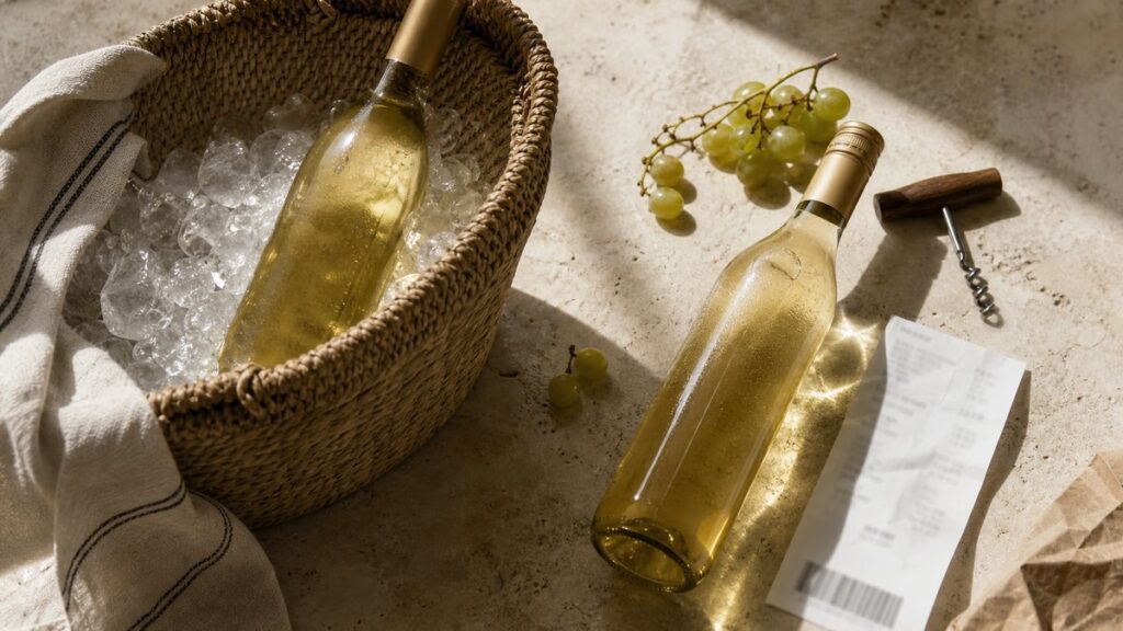 An overhead still life shows two chilled white wine bottles, one in a woven ice bucket and one beside a simple grocery receipt, with corkscrew, grape stems, and a linen napkin arranged naturally. Soft daylight highlights the contrast in texture, suggesting comparison and restraint without feeling staged.