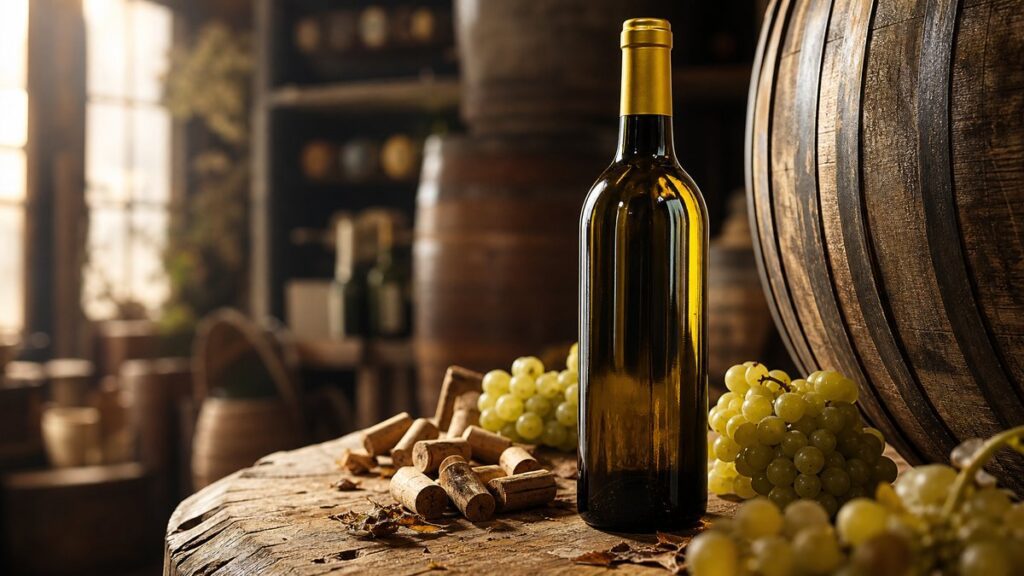 A single wine bottle stands on a rustic cellar table beside an oak barrel stave, loose corks, and harvested grape clusters, with soft window light catching amber and subtle #D4AF37 highlights on the glass. The scene feels tactile and grounded, emphasizing craftsmanship, aging, and production cost through natural objects.