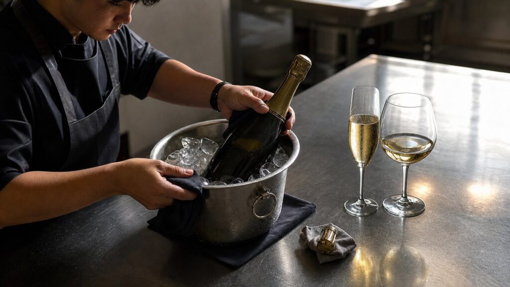 An overhead kitchen-prep scene shows a bottle resting in an ice bucket, a chilled flute beside a wider wine glass, and a wrapped stopper nearby on a brushed steel surface. Cool window light mixes with soft golden highlights, emphasizing careful handling and a clean, professional atmosphere.