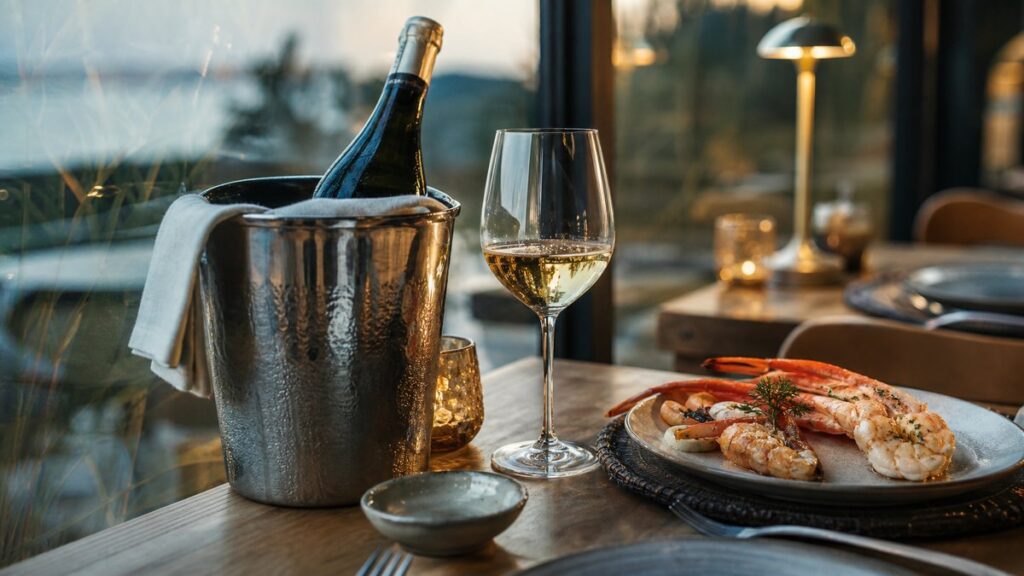 A wide restaurant table setting near a softly lit dining room window features a bottle in a cooler, a tasting glass, and a plated seafood dish waiting beside it. Natural evening light and muted amber accents create an elegant, practical mood centered on choosing the right drink for the meal.
