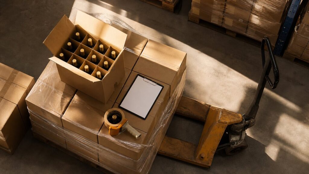 Overhead view of a warehouse packing station where sealed wine cases, shipping tape, and a clipboard sit neatly arranged beside a pallet jack. Warm daylight from a high window creates clean shadows and subtle #D4B45F tones on cardboard and plastic wrap, conveying trustworthy direct sourcing and efficient logistics.