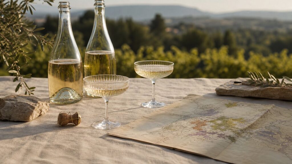 A refined still life on a linen-covered table shows two uncorked bottles, a map of French vineyard regions, and two shallow crystal glasses with delicate bubbles catching warm light. Subtle gold reflections on the rim and cork add a Champagne-toned glow, creating a sophisticated, editorial mood.
